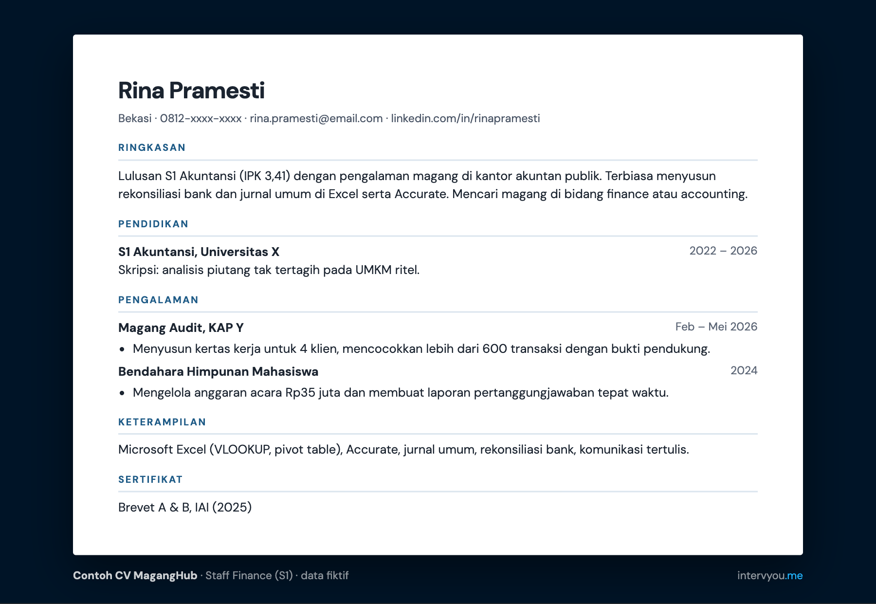 Contoh CV MagangHub satu halaman untuk lulusan S1 Akuntansi yang melamar magang Staff Finance