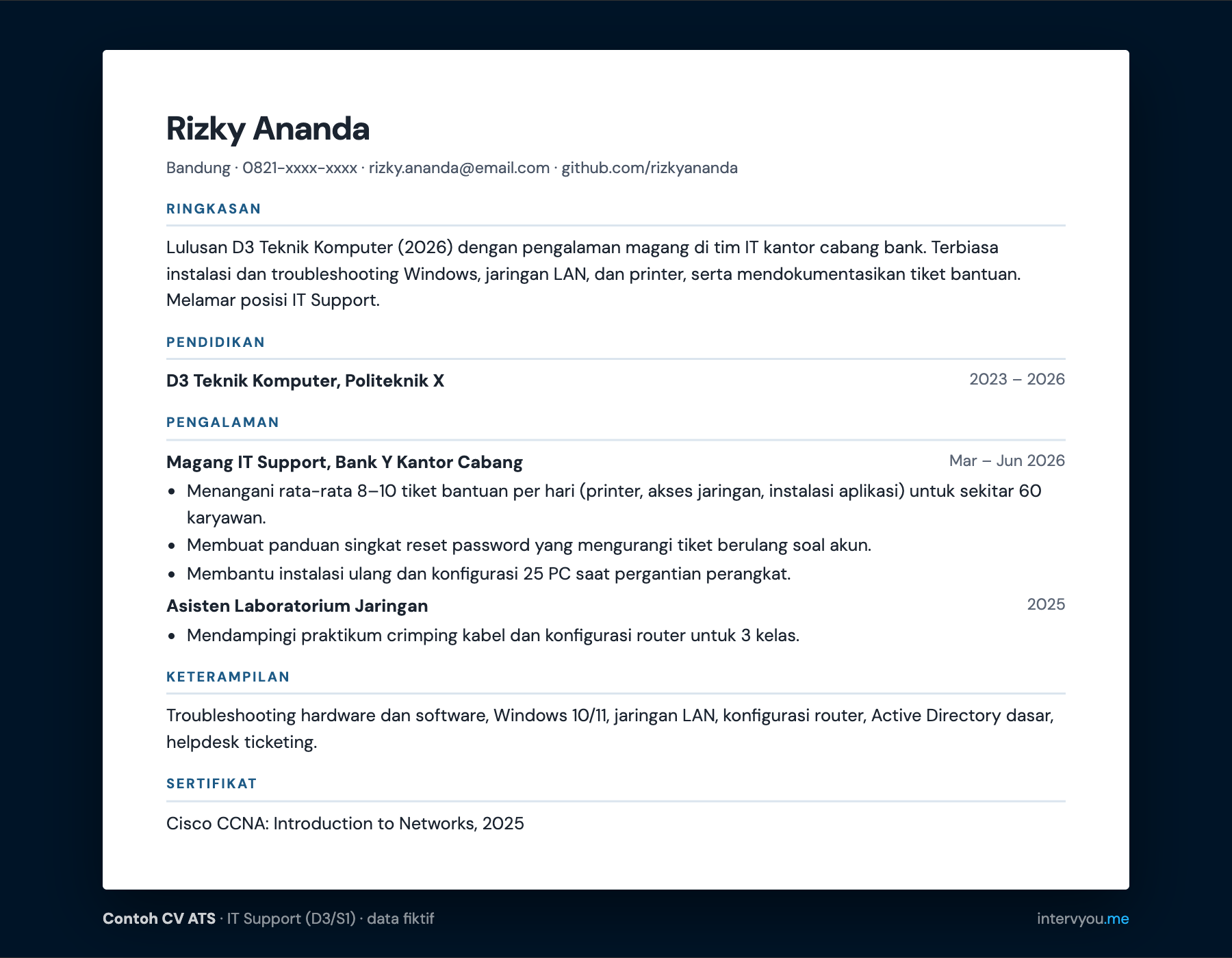 Contoh CV ATS fresh graduate untuk posisi IT Support lulusan D3 Teknik Komputer