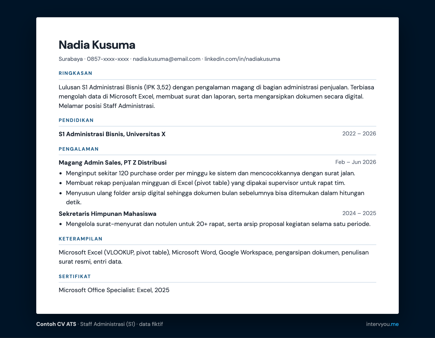 Contoh CV ATS fresh graduate untuk posisi Staff Administrasi lulusan S1 Administrasi Bisnis